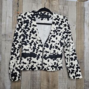 Zara Cotton Ecru Black Dot Blazer Jacket Zip Front V-neck Crop Size XS